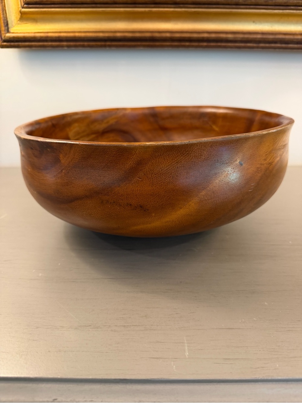 Vintage Hand Turned Monkey Pod Wood Serving Bowl 11” Pedestal Bottom Curved Side